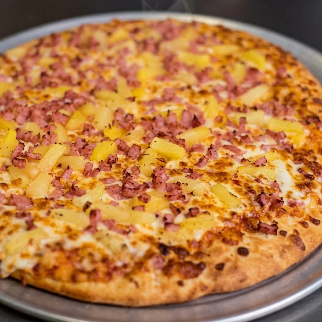 Hawaiian ham and pineapple pizza at Sargent Flying Pizza in Winnipeg West End, MB