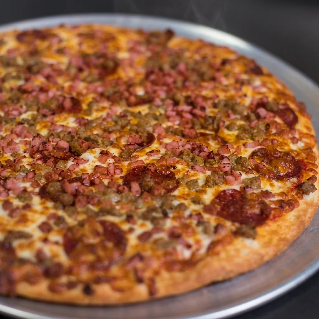 Meat lovers pizza at Sargent Flying Pizza in Winnipeg West End, MB